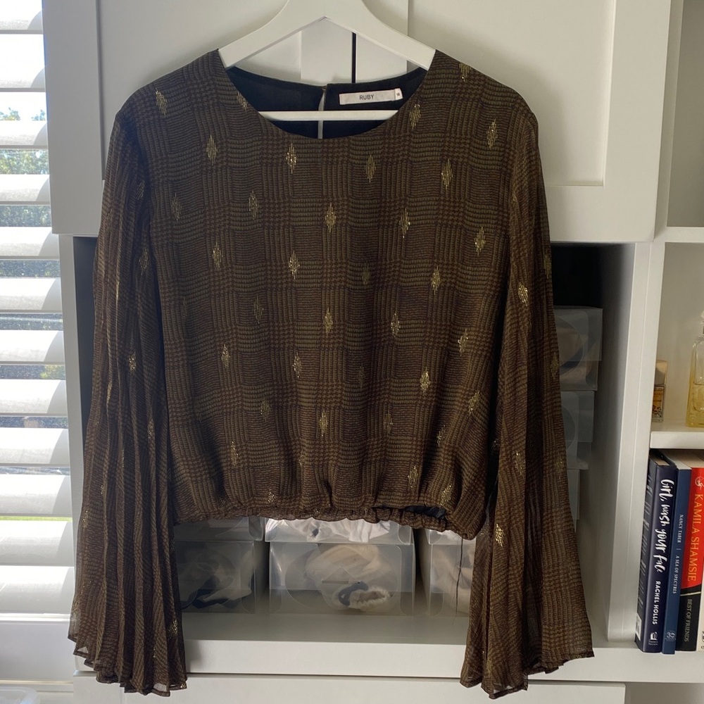 Brown Plaid Blouse with Gold Details